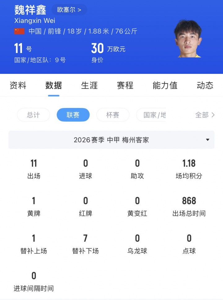 18岁中国前锋魏祥鑫正式加盟法甲欧塞尔