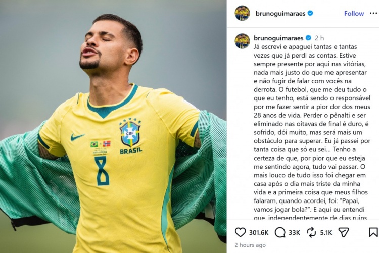 吉马良斯社媒致歉：罚丢点球是28年最痛经历，孩子醒来第一句还要踢球