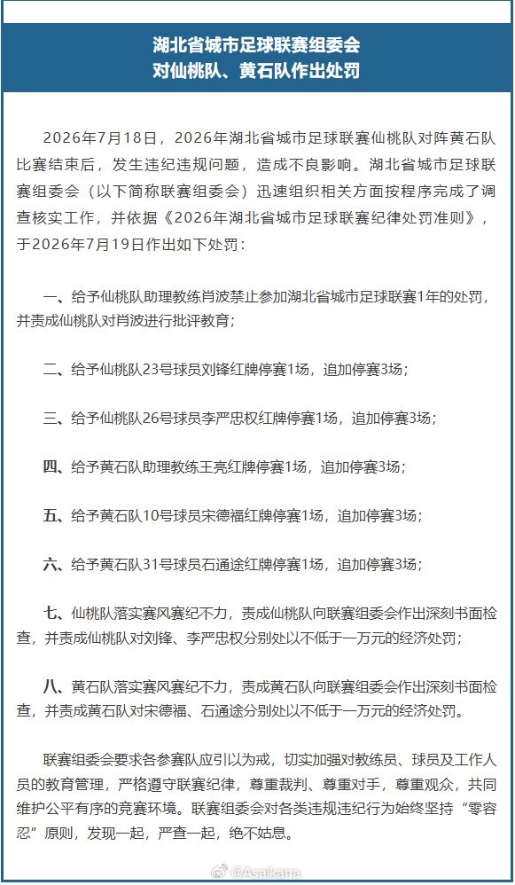 楚超赛后斗殴：仙桃助教肖波飞拳被禁赛一年，双方共5人停赛3场